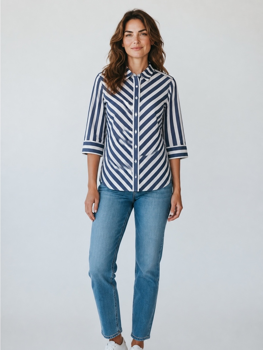Chicos Women’s Size 8/10 Non Iron Stain Shield 3/4 Sleeve Strips Button Up Shirt